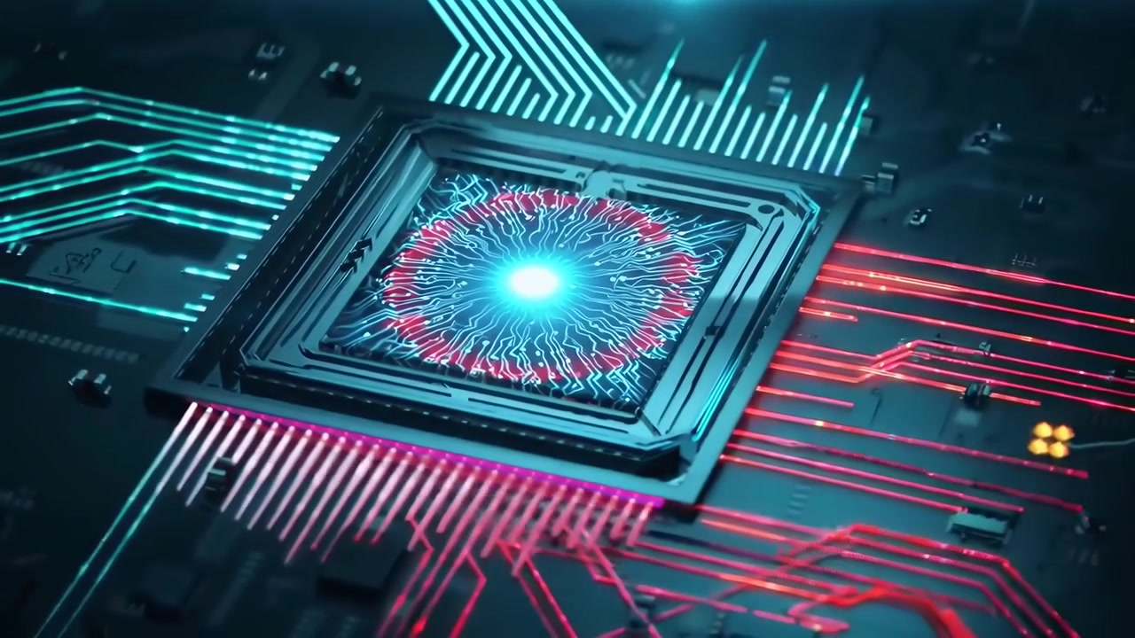 Futuristisch computerchip met gloeiende circuits en AI-kern