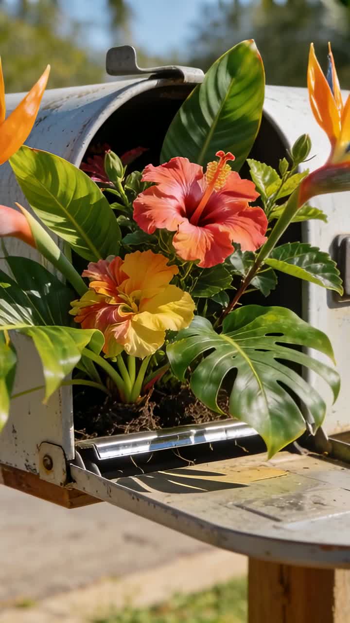 Vertikal video: Kameraet panorerer en hvit plantekasse ved postkassen ved fortauskanten, med hibiskus- og monstera-blader.