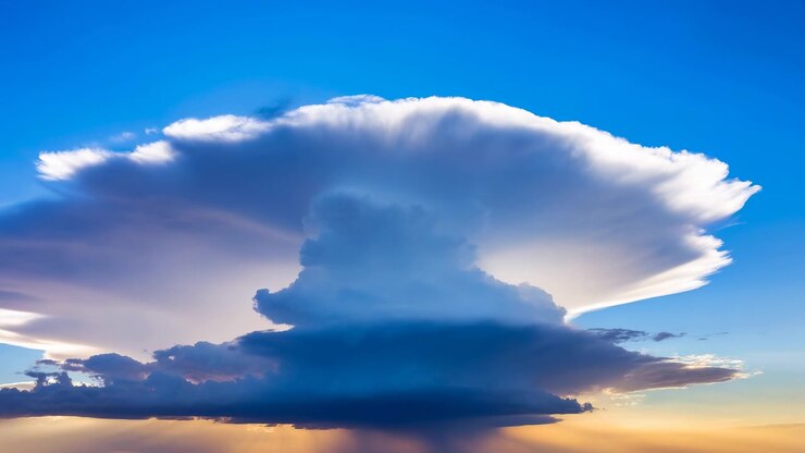 Large layered cloud mass remains suspended above distant horizon as warm light illuminates edges and reveals changing tones, creating calm atmospheric view with open sky composition.