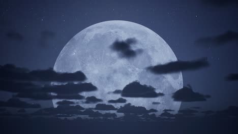 NIght-sky-with-full-moon-at-the-bottom-of-the-frame,-bright-stars-and-volumetric-clouds-passing-by-3D-animation