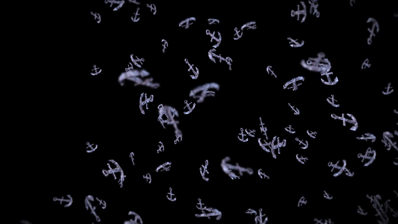 Flying many anchors on black background. Ship and boat anchor. Marine icon. 3D loop animation of anchor rotating.