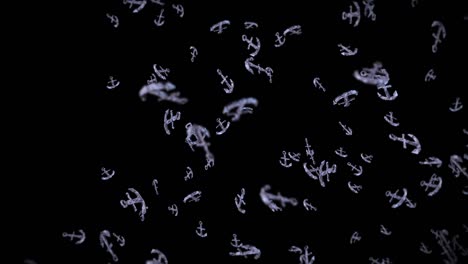 flying many anchors on black background. ship and boat anchor. marine icon. 3d loop animation of anchor rotating.