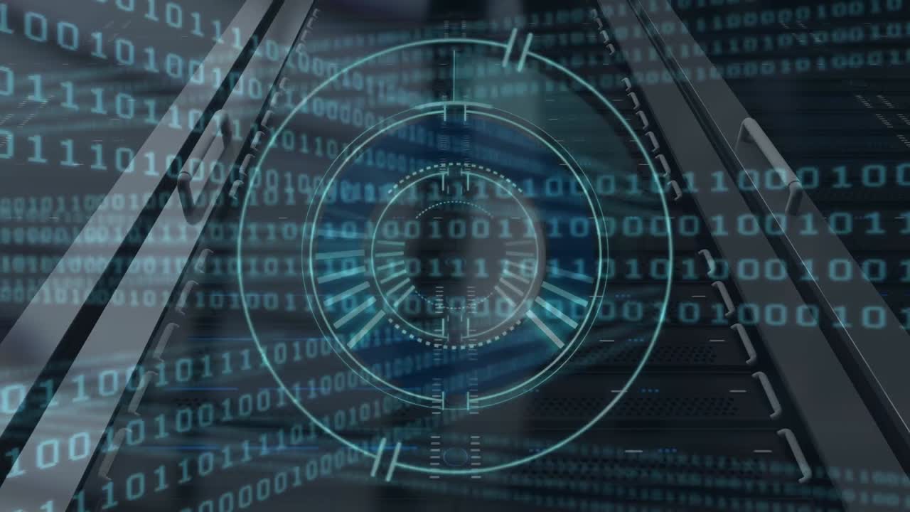 Animation of data processing and clock over server room