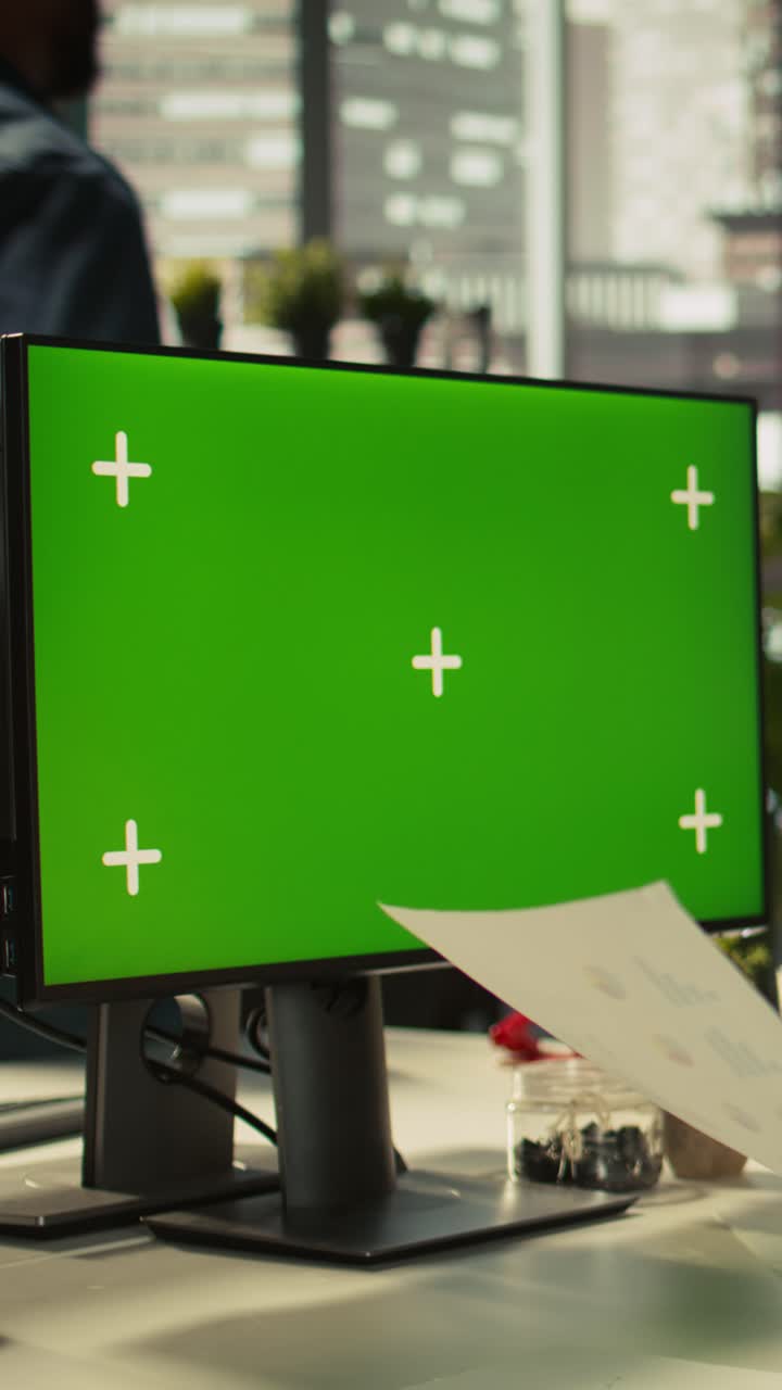 Vertical video Employee at work using isolated screen PC display to finish project tasks