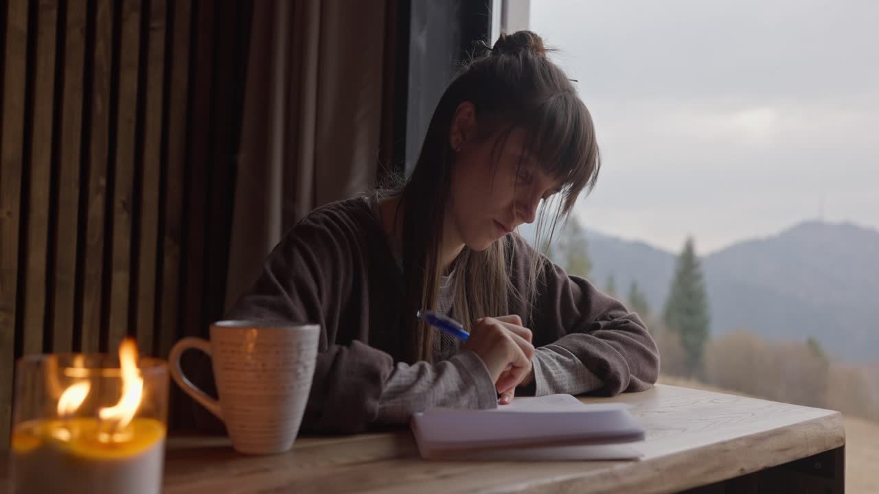 Woman writing at a table by the window