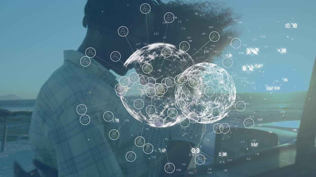 animación de la red de conexiones con iconos de los medios sobre una feliz pareja afroamericana