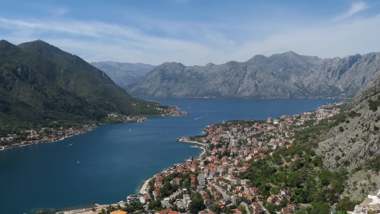 Kotor Bay, Cinematic reveal shot, Kotor town and mountains, Montenegro
