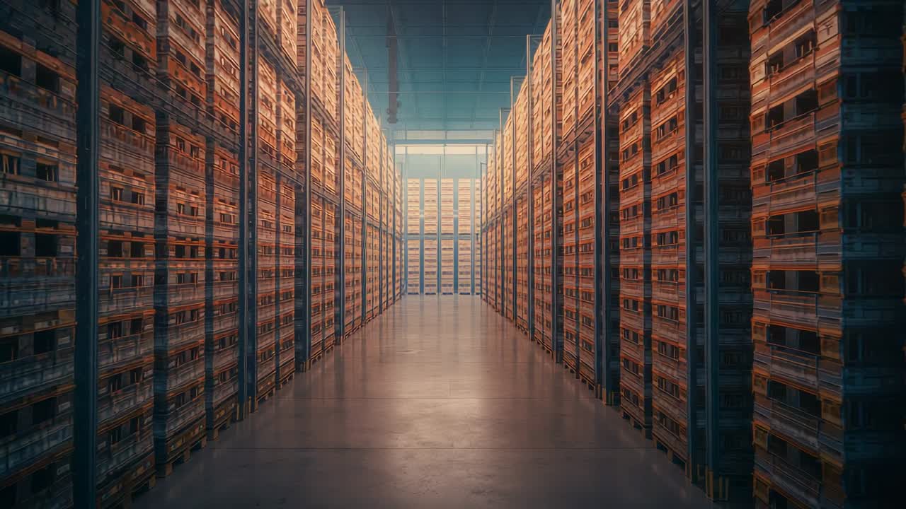 Opening shot showing empty aisle extending through warehouse, with metal racks and orange crates