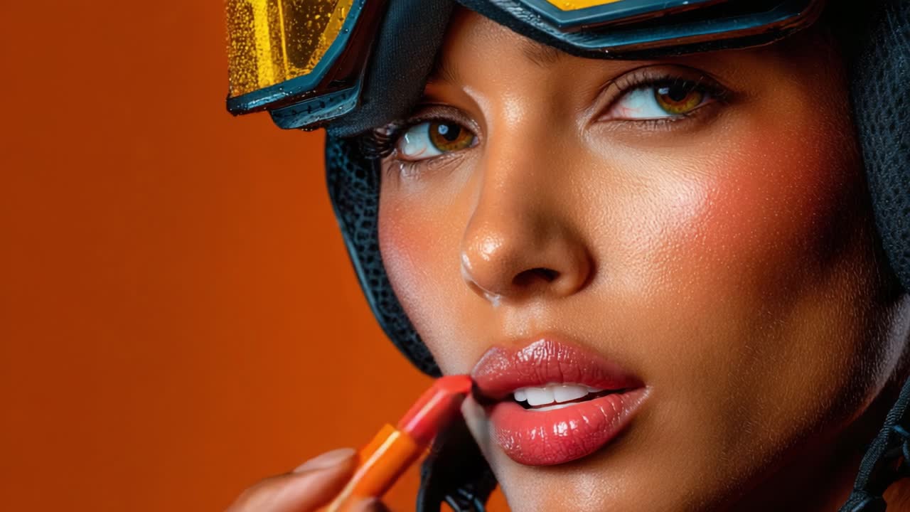 Captivating Close-Up of a Woman Applying Lipstick with a Bold Expression, Showcasing a Unique Style with Vibrant Colors and Modern Accessories