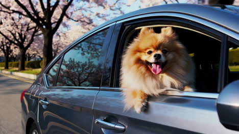 cute pomeranian dog looking out car window in cherry blossom trees