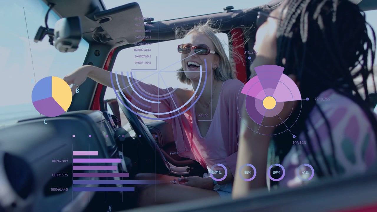 Autista che ride e si appoggia, mentre il passeggero tocca il telefono e avvia i grafici HUD di marketing.