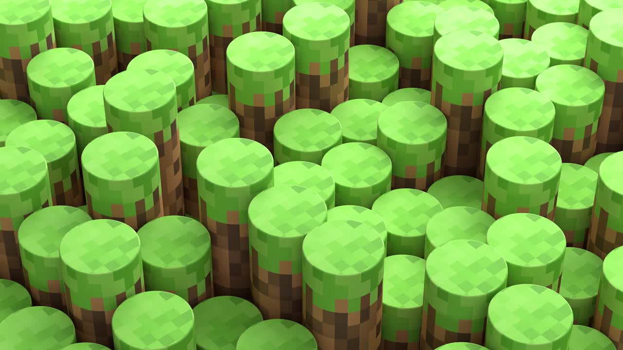 3d cilindros abstractos. patrón de ondas de mosaico geométrico de videojuegos. construcción de paisajes de colinas utilizando bloques redondos de hierba marrón y verde. animación 3d de bucle sin costuras. 4k uhd