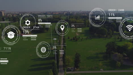 animation of network of icons and data processing over landscape