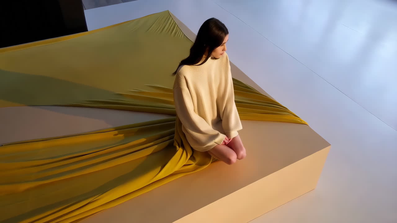 Woman in a cream sweater sitting on a beige platform with yellow fabric