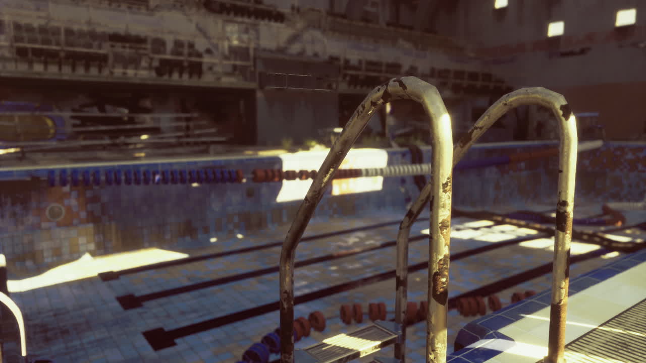 Abandoned swimming pool shows signs of decay and neglect in an indoor setting