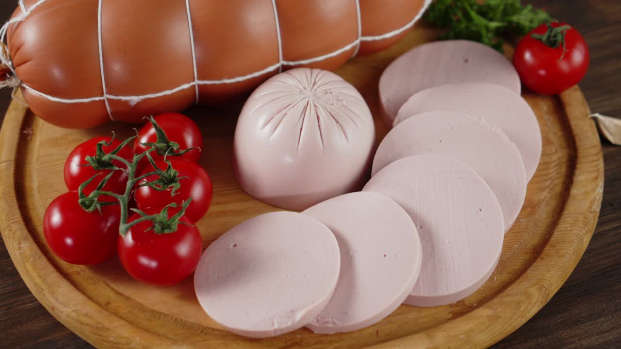 토마토 가지와 함께 인 소시지의 조각.