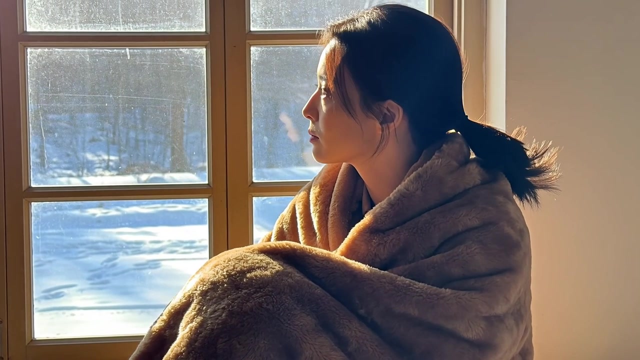日差しが移ろう部屋で、ベージュの毛布にくるまった女性が格子窓の方を向き、雪景色を眺めている。
