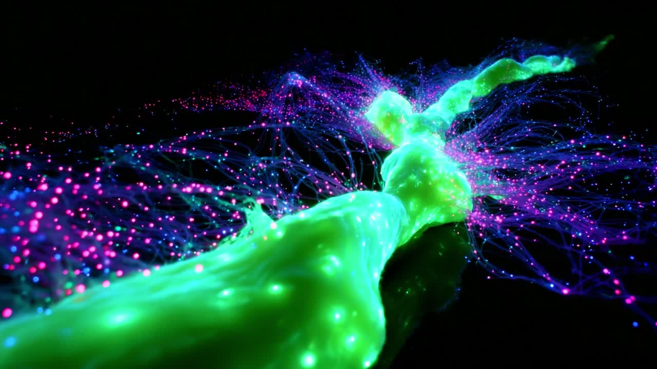 A Vibrant Exploration of Digital Neural Pathways: This Captivating Image Captures the Dynamic Flow of Colorful Light Through Abstract Formations, Creating a Mesmerizing Visual Experience