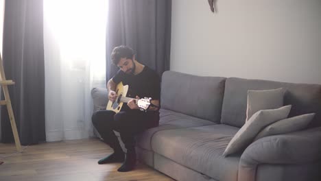 portrait of a man with a guitar in his hands on sofa