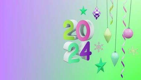 animación de decoraciones navideñas y el año 2024 en fondo azul y verde