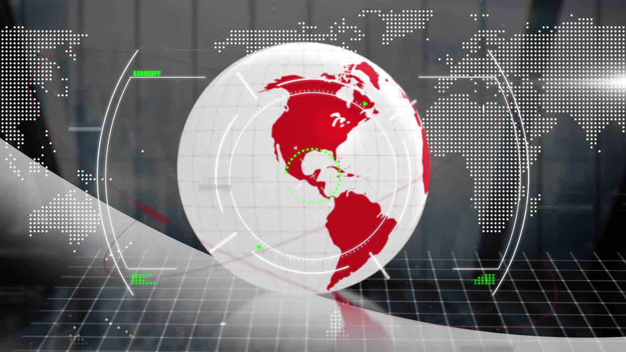 Animación de interferencia y escaneo de mira con globo y mapa mundial sobre ventana