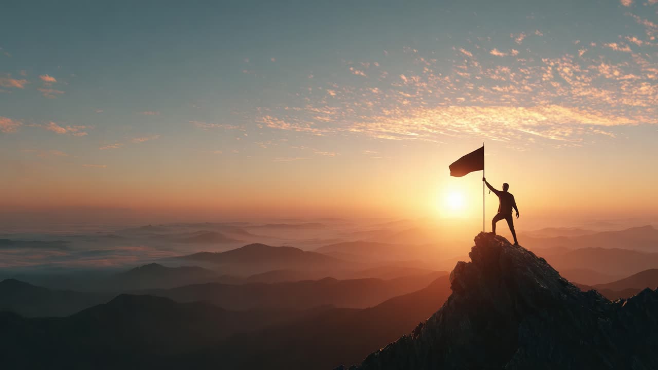 A Determined Individual Celebrates Victory at Sunset, Holding a Flag atop a Mountain Peak, Symbolizing Achievement, Perseverance, and Triumph Over Challenges