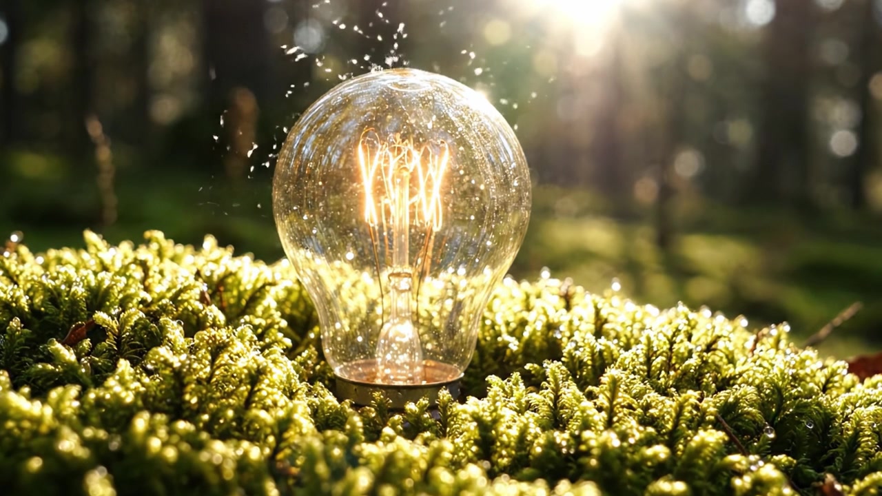 Una lampadina affascinante che illumina la natura: gocce d'acqua scintillanti che adornano muschio verde lussureggiante sotto la luce soffusa del sole in un ambiente forestale tranquillo