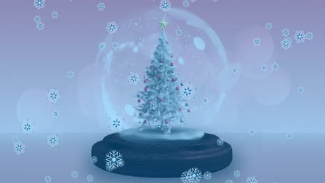 Animation-of-snow-globe-with-christmas-tree-and-shooting-star-with-snow-falling