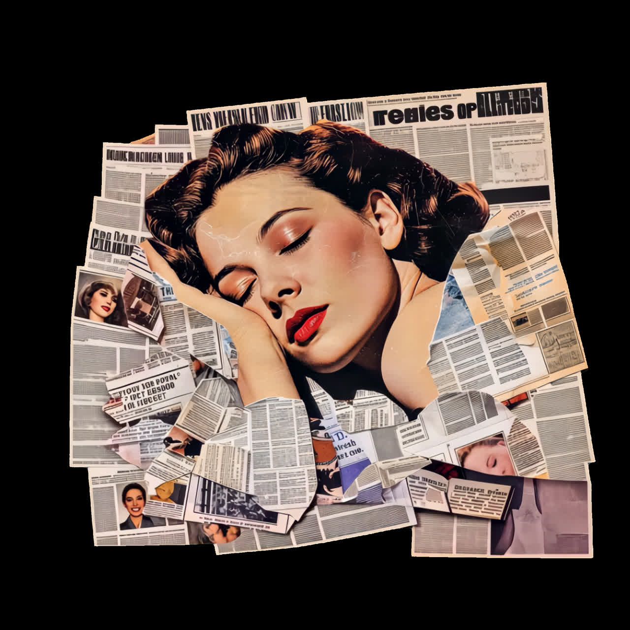 Woman Sleeping on a Collage of Newspapers