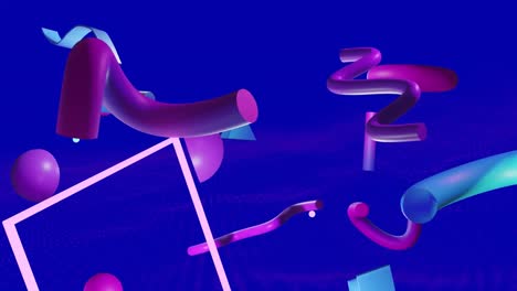 animation of abstract 3d shapes and crosses over blue and pink background