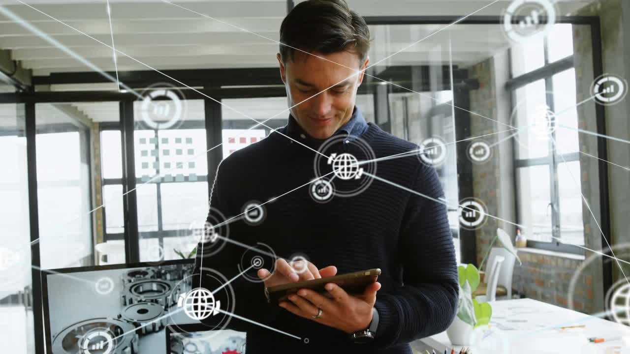 animación de la red de conexiones con iconos sobre el hombre de negocios que usa la tableta