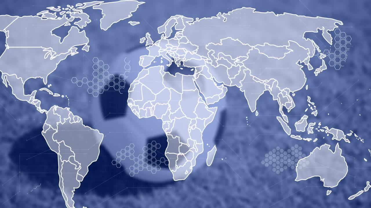 축구 공 위에 있는 파란색 세계 지도의 애니메이션