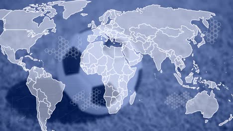 Animación-Del-Mapa-Mundial-Azul-Sobre-Una-Pelota-De-Fútbol.