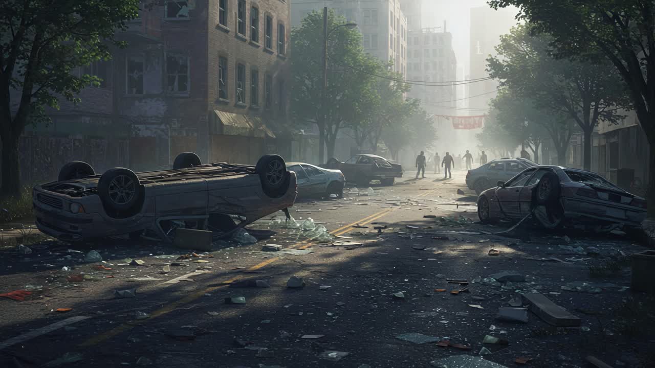 Un paesaggio urbano post-apocalittico: auto rovesciate, strade disseminate di detriti e figure indistinte creano un'atmosfera inquietante di abbandono e disperazione.