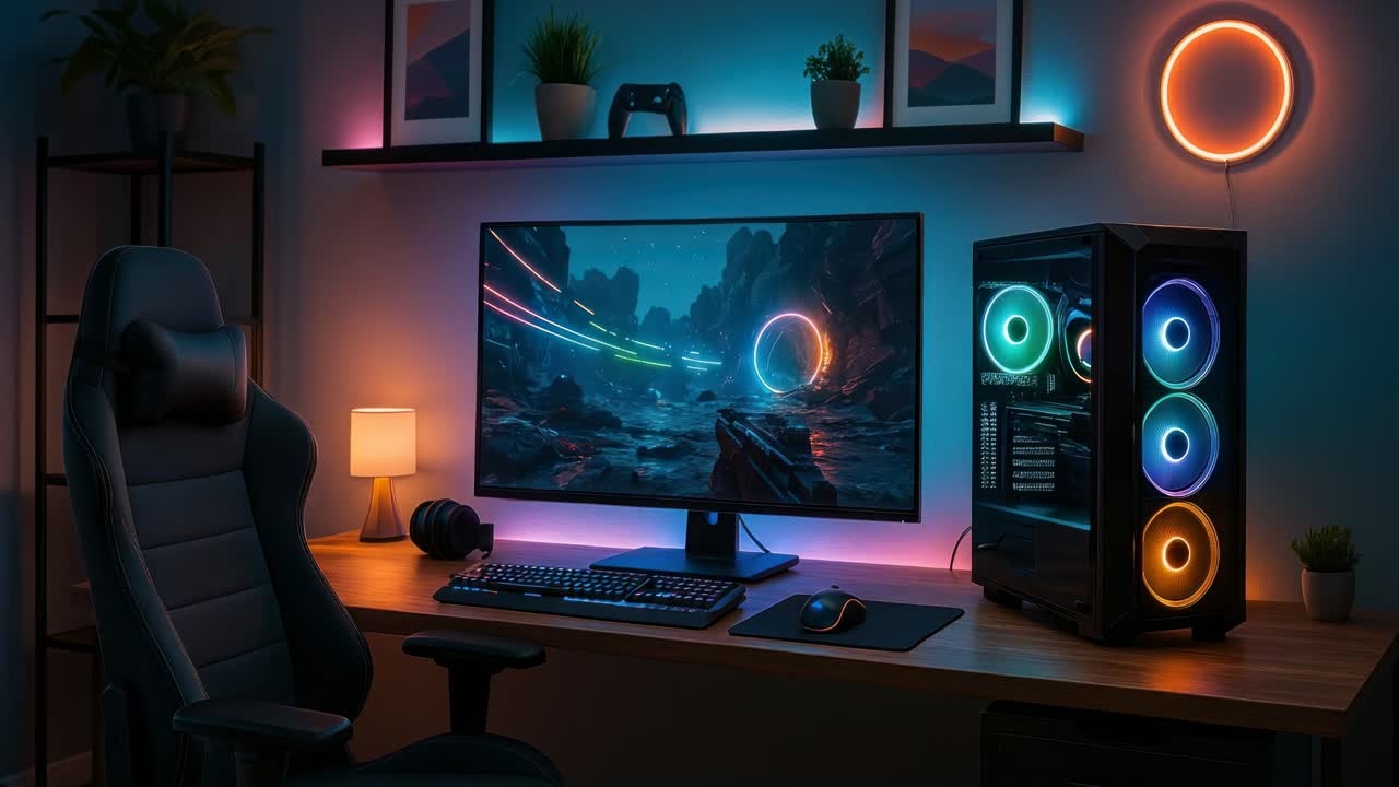 Wide-angle shot of a gaming setup with neon lights, showcasing a modern desk, chair, and PC, perfect