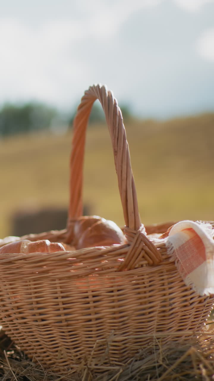 sombrero de sol y canasta de picnic tejida llena de bocadillos colocados en balas de heno en vastas tierras de cultivo, el paisaje panorámico con campos ondulados en el fondo evoca el tranquilo ocio al aire libre y el encanto rústico