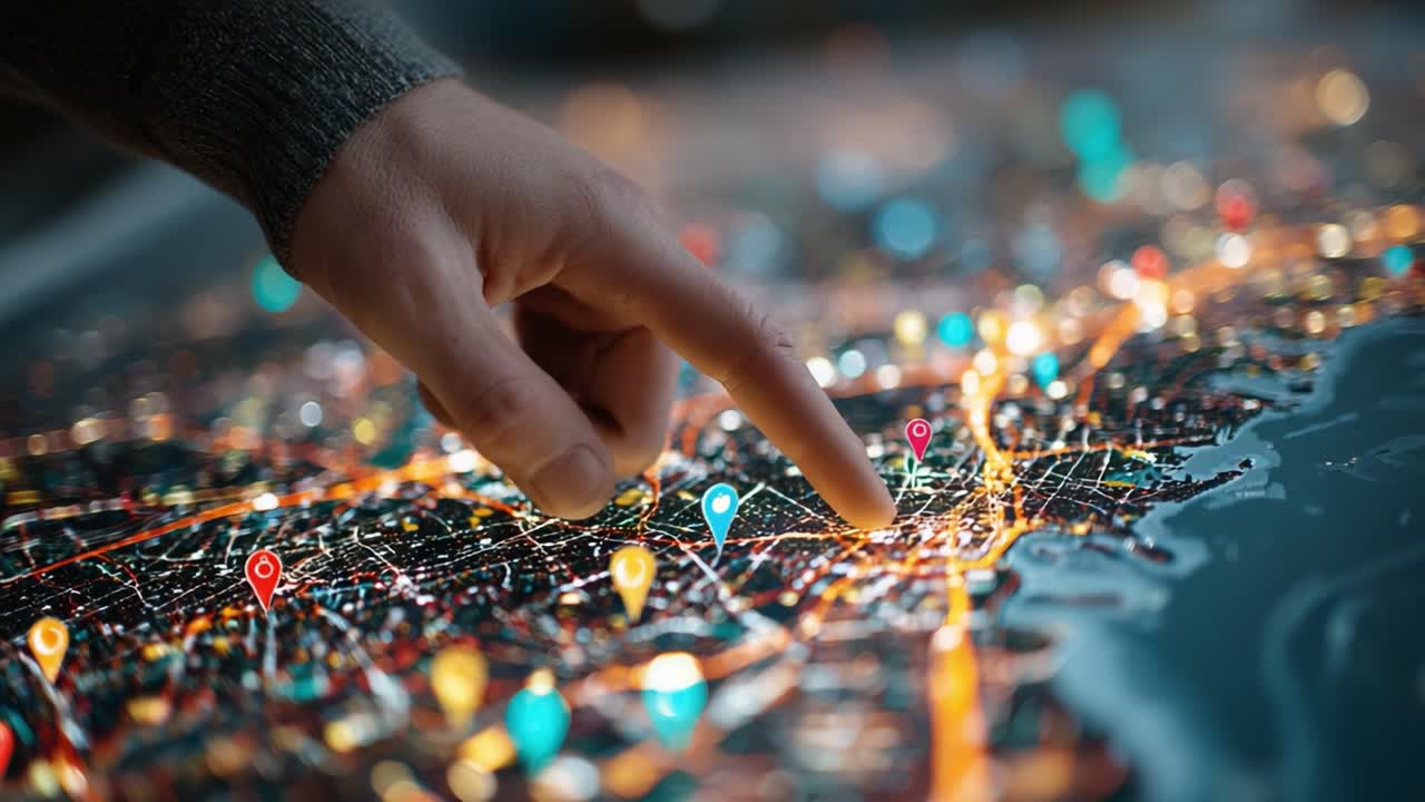 A Close-Up of a Hand Interacting with a Detailed Digital Map, Highlighting City Locations and Points of Interest in a Vibrant, Illuminated Landscape
