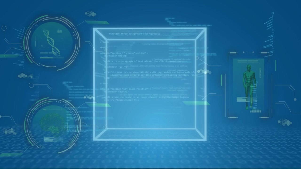 Empty blue plane starting glow wire cube tracing out scaling rotating code scrolling for analysis