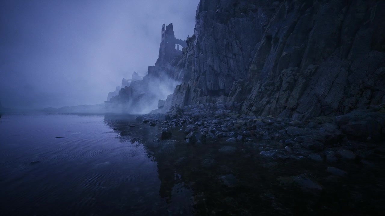 Broad scenic view expansive seaside scene with cliffs and mist cover