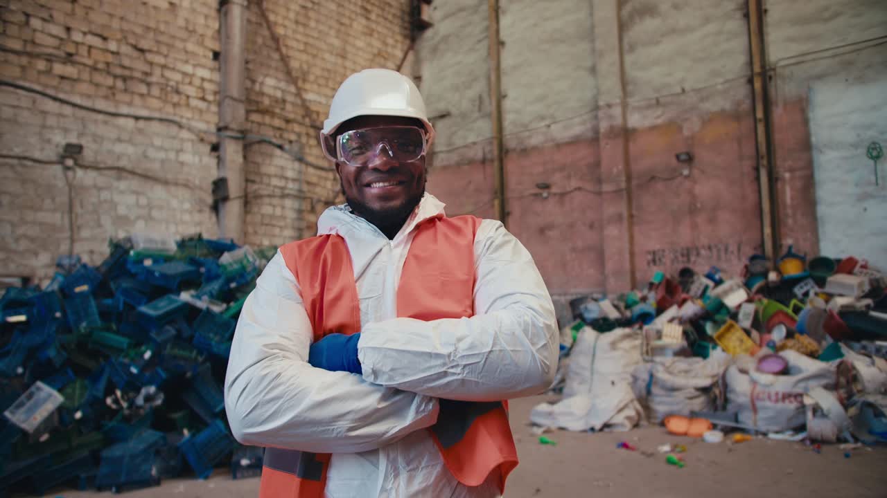 Portrait of a happy middle-aged man with Black skin in a white uniform and an orange vest who stands against the background of a huge pile of plastic garbage and waste at a waste recycling plant