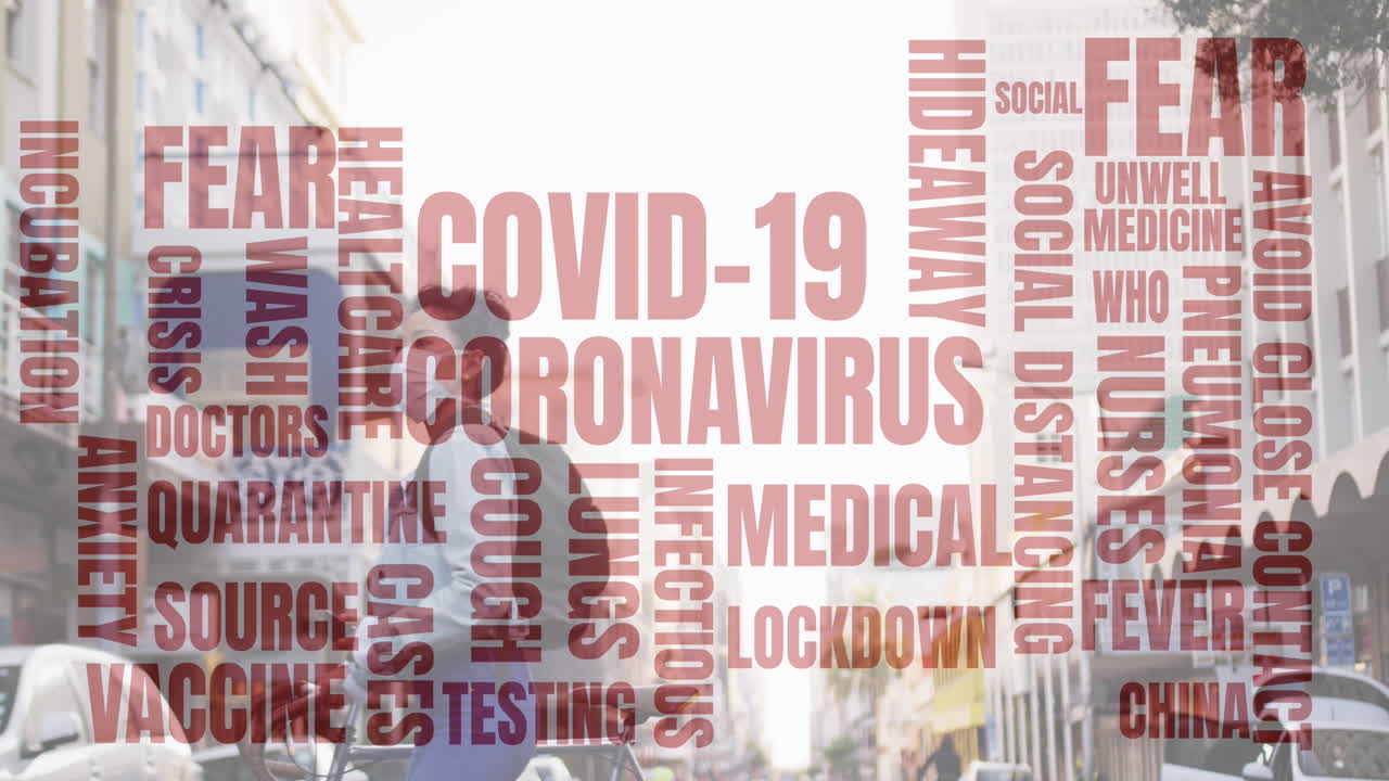 Testi sul Covid-19 su sfondo di donna che indossa una mascherina e cammina