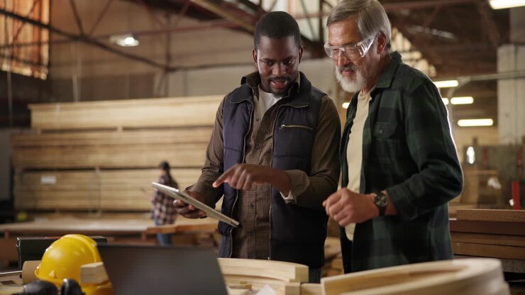 Two men working with wood in a carpentry workshop