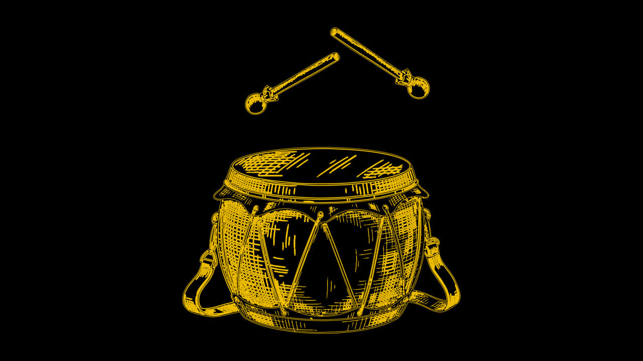 Animated Hand-Drawn Sketch of Crescent Moon, Lantern, Cannon, and Drum