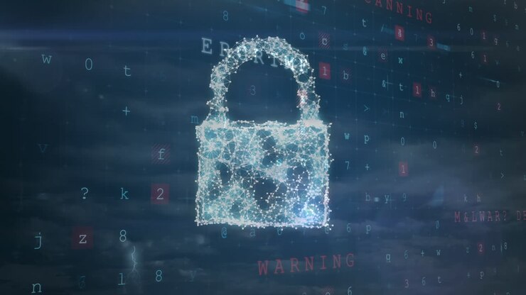Animation of padlock icon and cyber attack warning over sky with clouds
