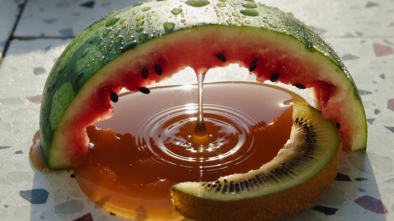 Arco di anguria che rilascia una gocciolina per gravità in una pozza ambrata su un tavolo piastrellato, con uno spicchio di kiwi.
