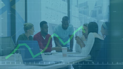 animation of financial data processing over diverse business people in office