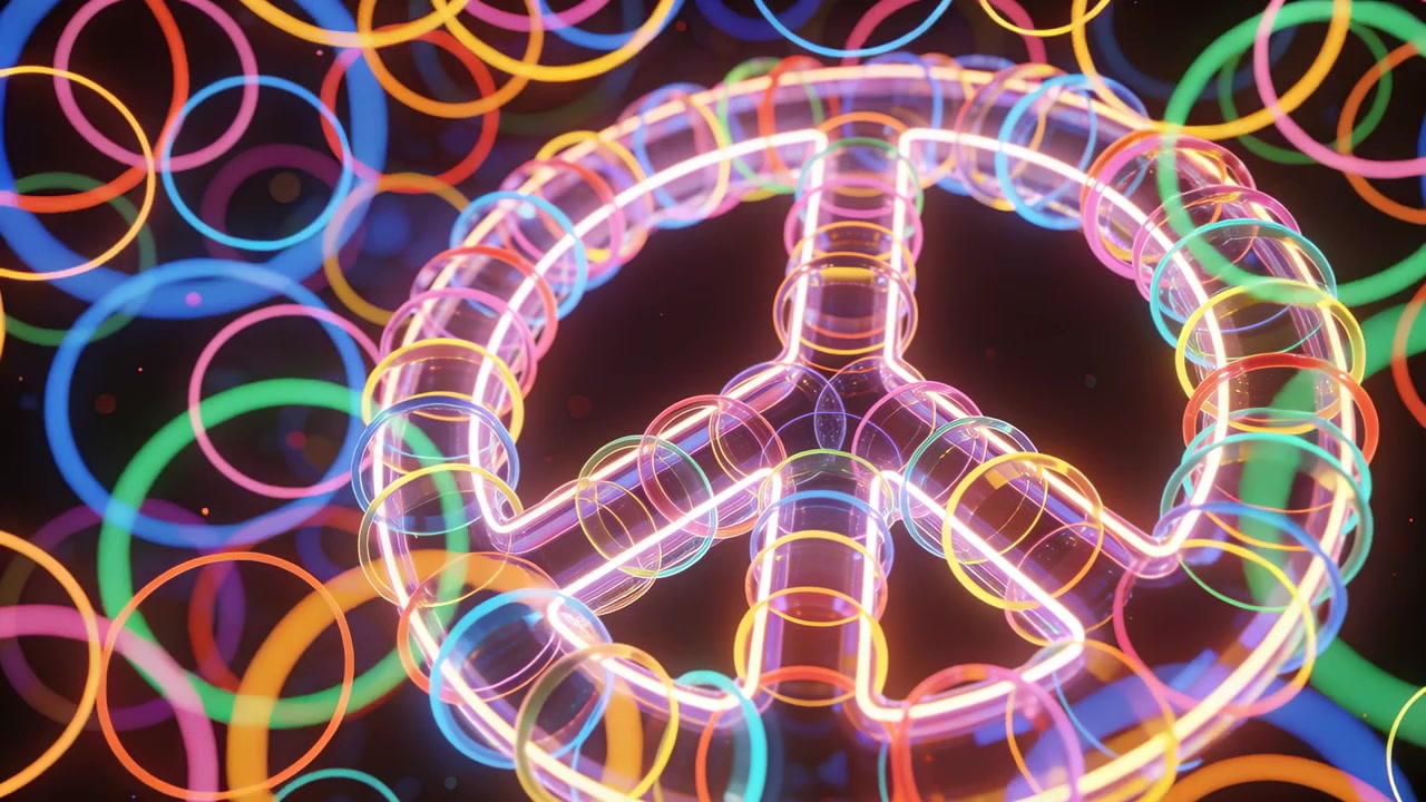 Telecamera che si allontana, centrando un simbolo della pace tubolare al neon in un vuoto oscuro, mostrando anelli multicolori.