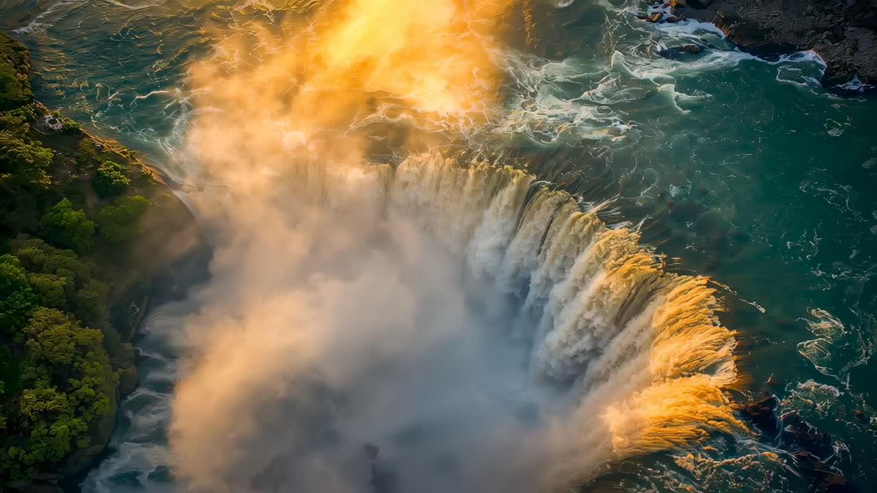 Cascate Horseshoe impetuose che emanano una colonna di nebbia dorata all'alba, rivelando una riva rocciosa con alberi