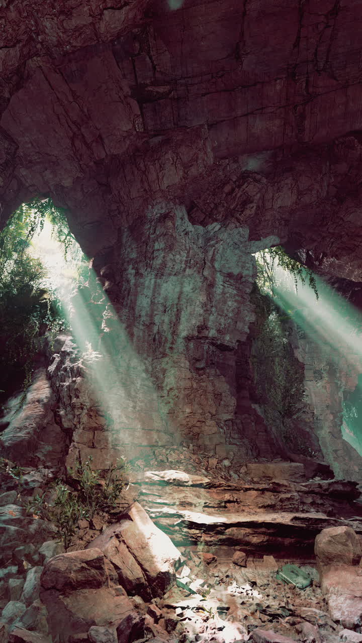 la luz del sol fluye hacia una cueva.