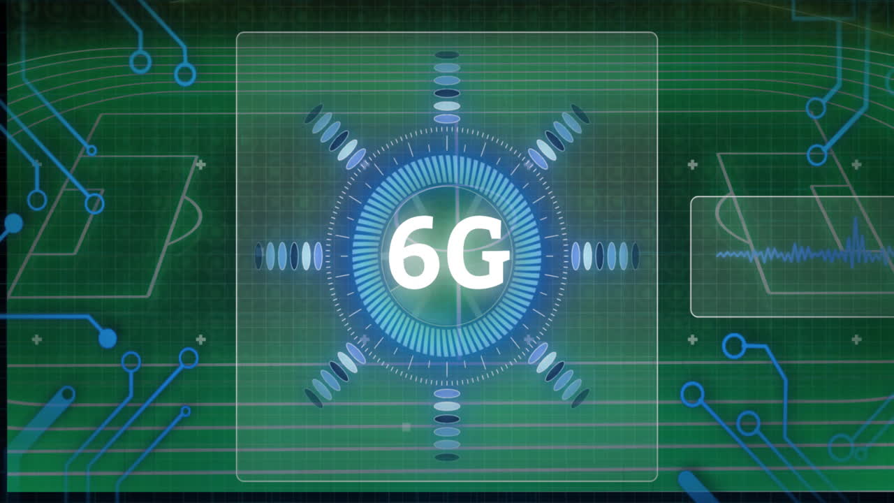 Animation of 6G technology concept with futuristic digital interface in school